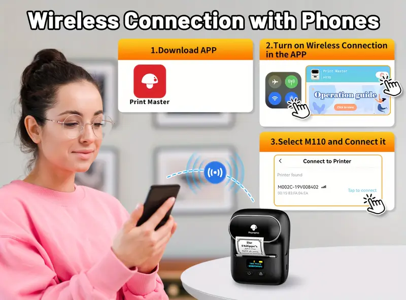 phomemo m110 label maker wireless label printer with one roll 40x30mm thermal sticker label thermal label printer for store owner small business address logo clothing mailing sticker printer for phones pc mini labeler for barcode document product information details 2