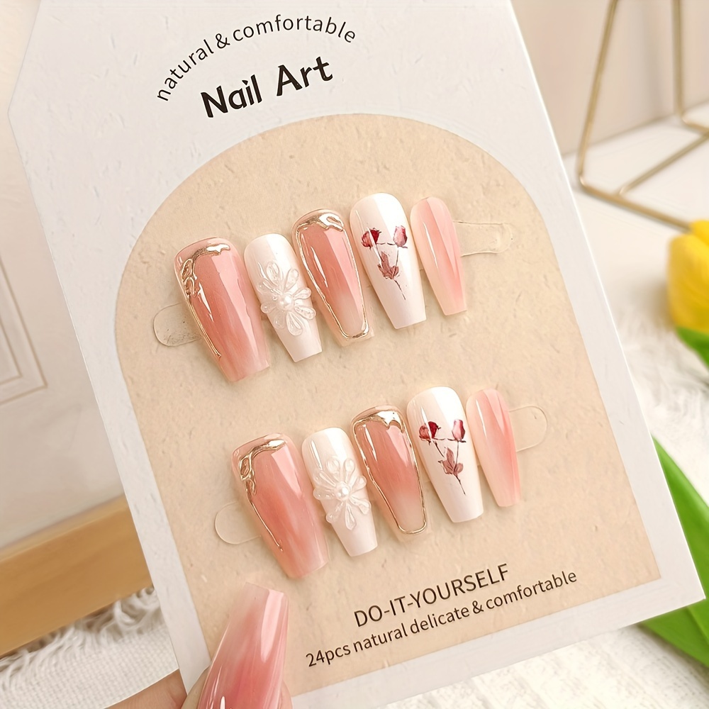 

24 Pcs Set Of Sweet Pink Ballet Shaped Press On Nails With Flower Print Rhinestones Paved For Women Dating False Nails