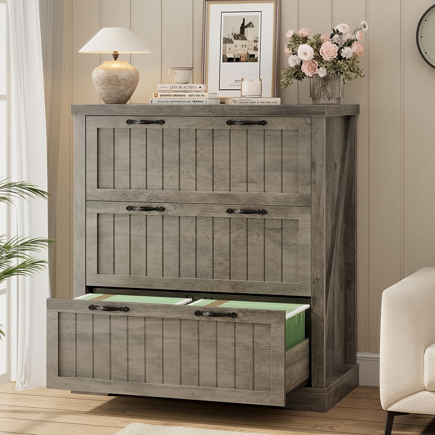 A Rustic Sideboard Storage Cabinet Featuring Three Wooden Drawers, Designed for Multiple Uses. This Stylish File Cabinet Serves As Accent Furniture Suitable for The Living Room, Entryway, Home Office, Or Kitchen, Available in White, Brown, And Grey