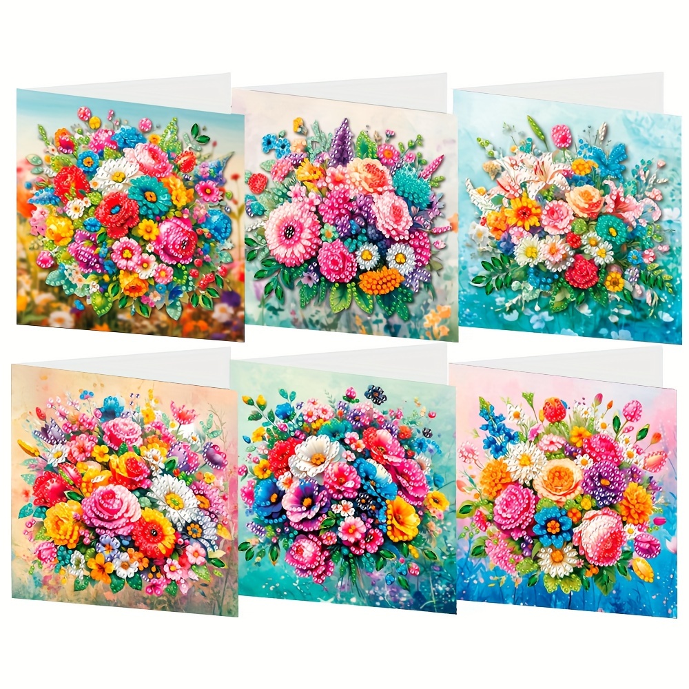 TEMU 6pcs Handmade Diy 5d Diamond Painting Card Set, Colorful Flower Lily Series Foldable Greeting Cards With 6 Envelopes For Handwritten Love