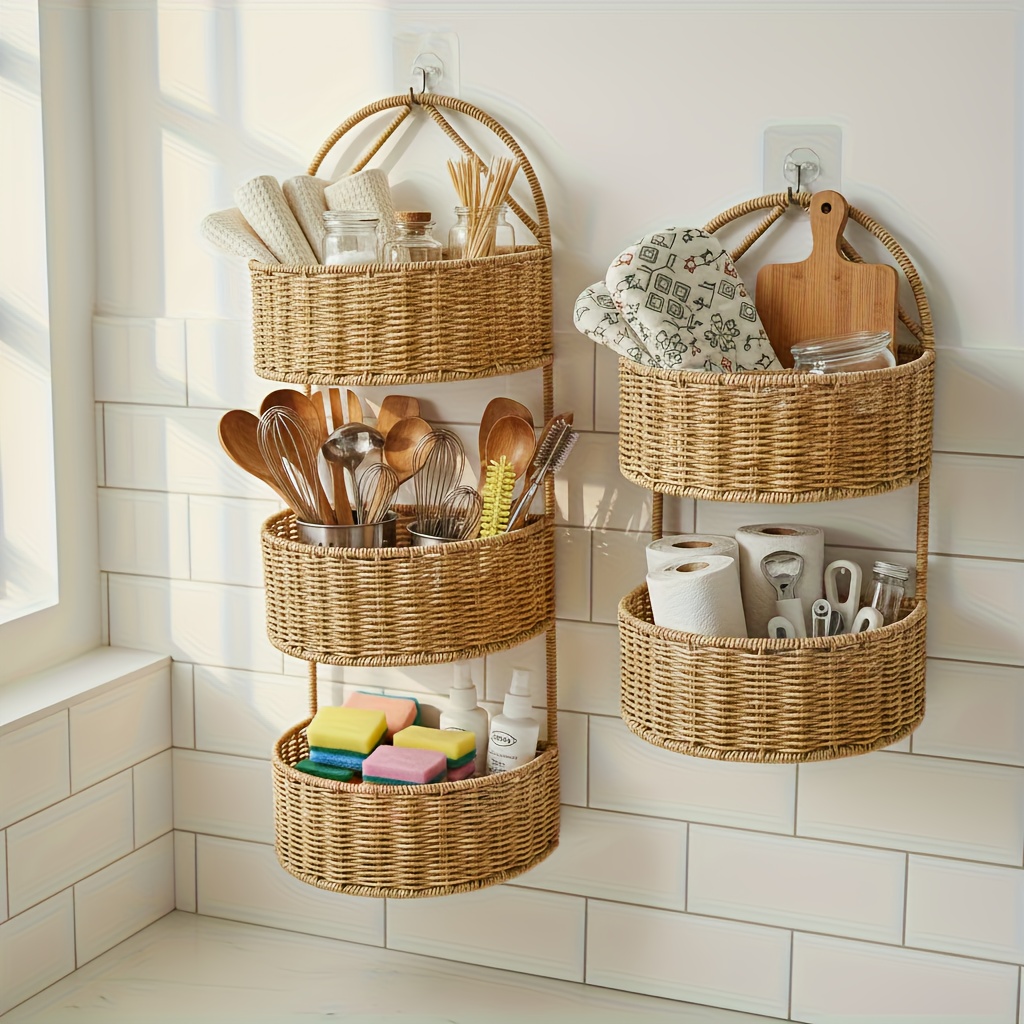   woven wall mounted basket for kitchen bedroom bathroom single layer and multi layer wall mounted multi functional storage basket shelf baskets