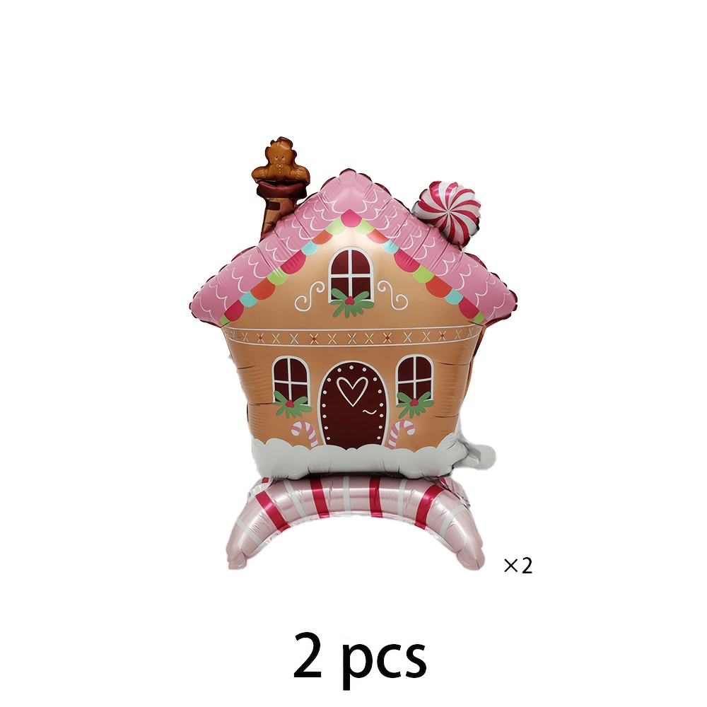 TEMU 2pcs Standing Gingerbread House Christmas Foil Balloon Large Cartoon Design With Gingerbread Man Candy Print Base Stand For Tabletop Room Decor
