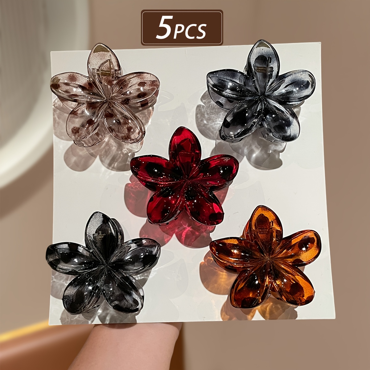 TEMU 5pcs Vintage Leopard Print Egg Flower Hair Clips, Translucent Floral Hair Claws, Suitable For Women', Party, Banquet, And Casual Updo Styling
