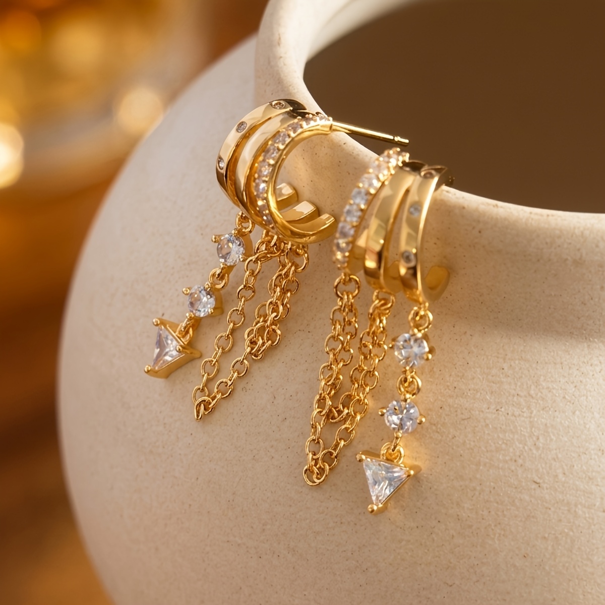Elegant Three-tier C-shaped Chain Tassel Earrings