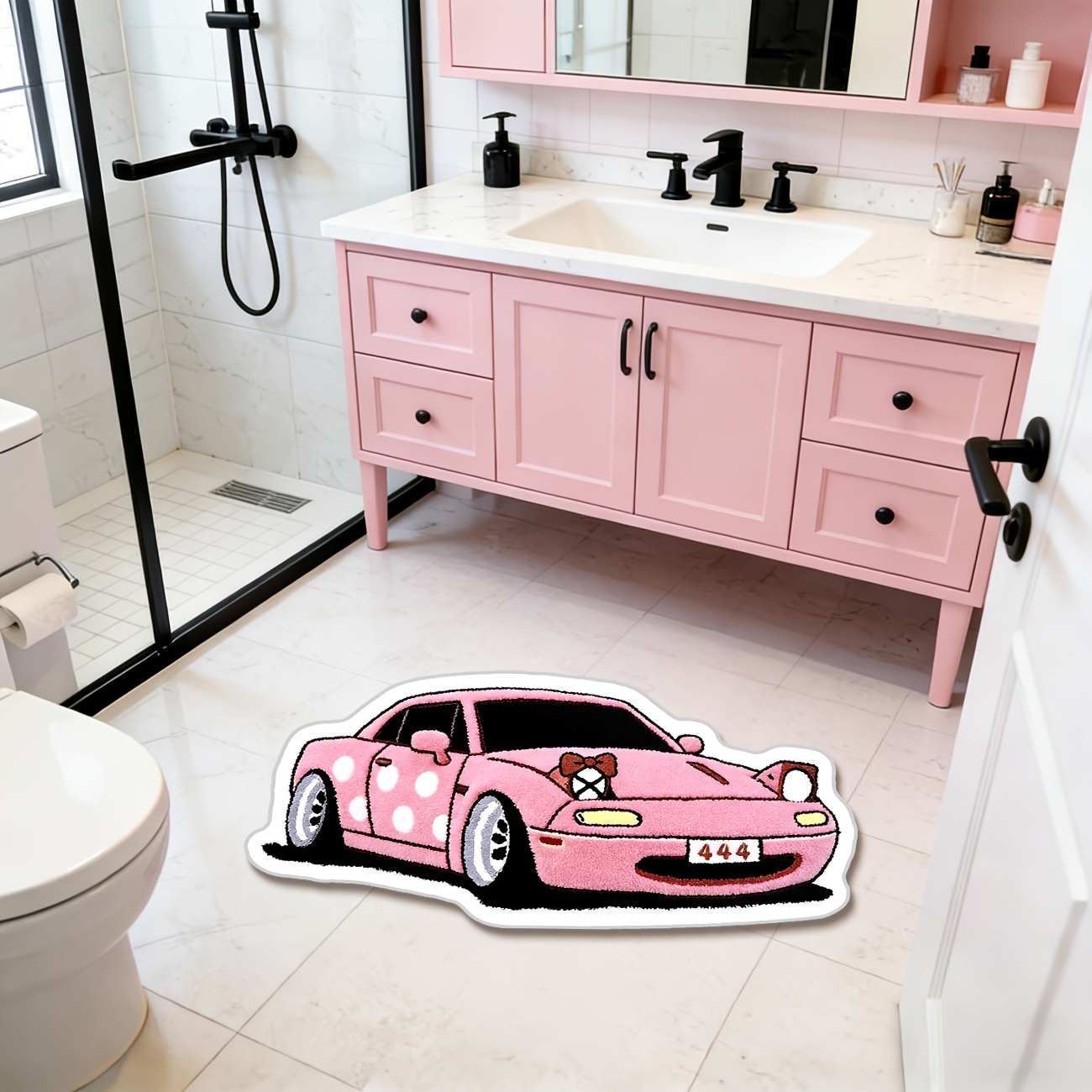 TEMU 1pc Pink Irregular Car Shaped Carpet Supercar-shaped Printed Pattern Rug Anime Style Rug Fashionable Designer Rugs Modern Bedroom Carpet Home