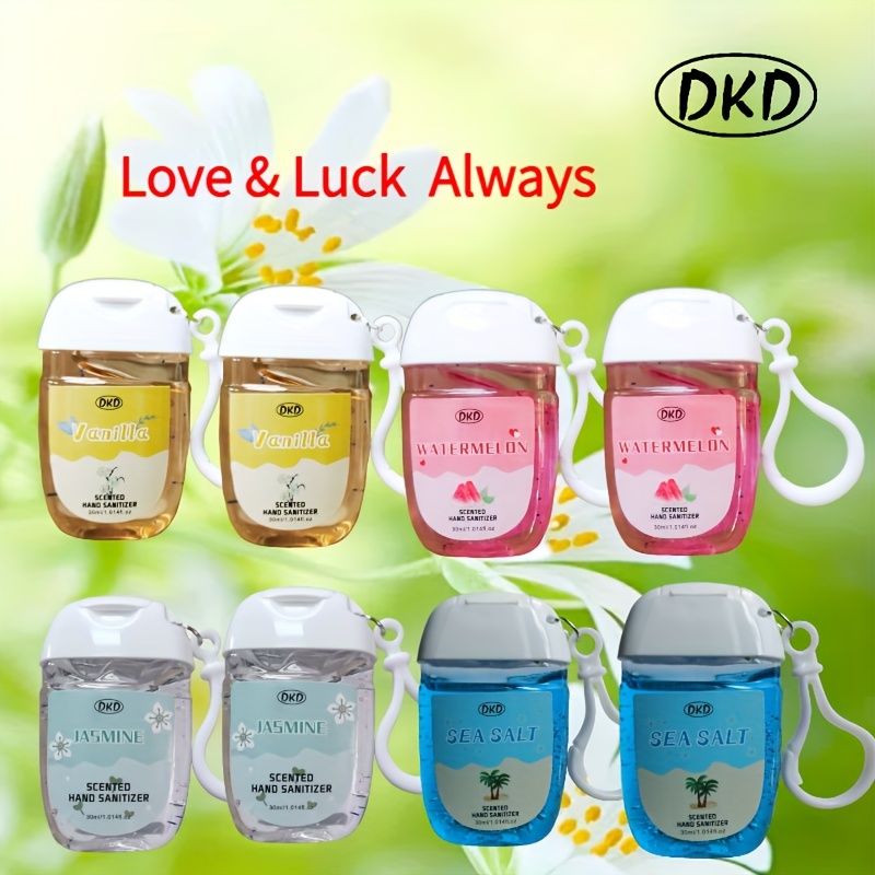 4pcs Vanilla Watermelon Jasmine Sea Salt 30ml Hand Sanitizer with Hook, Suitable for Home, Travel, and Outdoor Use
