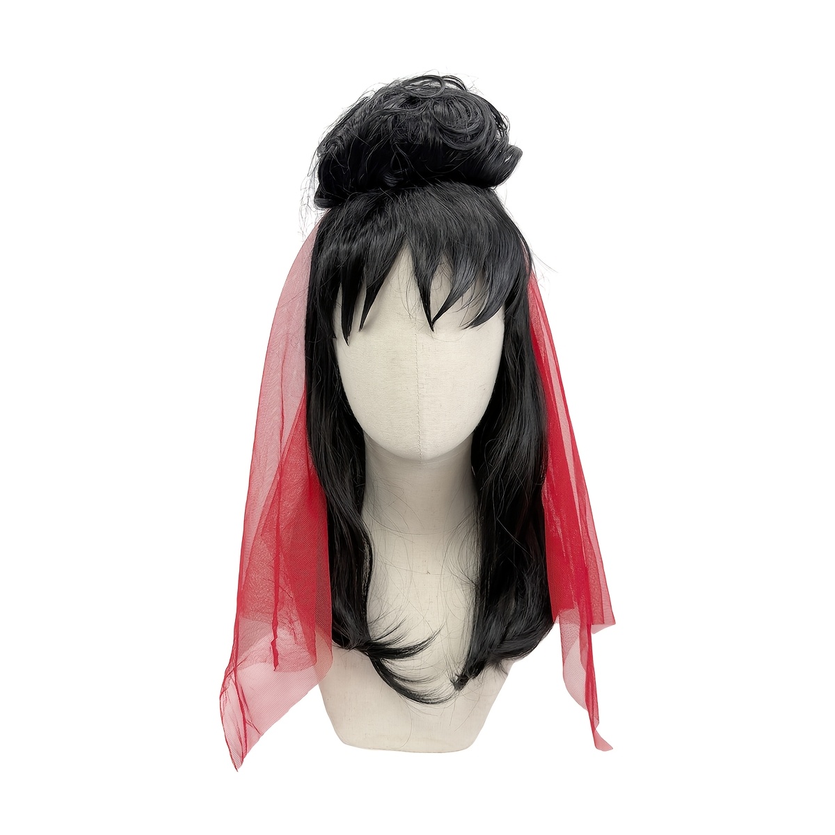 TEMU Women Gothic Updo Long Black Synthetic Wig Heat Resistant Straight Bangs Wig Halloween Vampire Cosplay Costume Wig For Party Festival Dress