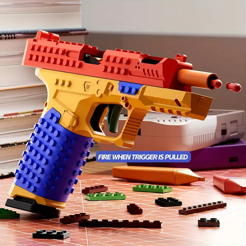 automatic ejection building blocks gun with bullet casings stem construction set with realistic bullet launcher mechanism safe non building blocks for teens adults parent child assembly kit 2025 christmas birthday gift for boys girls red yellow blue educational toy for motor skills development Product details 1