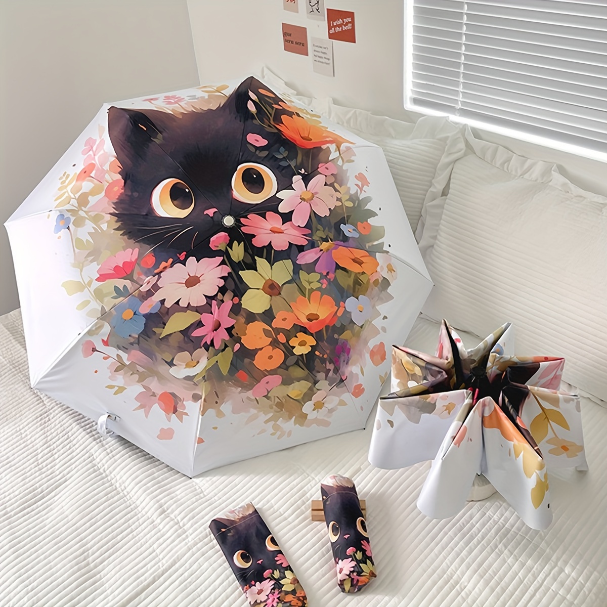 

Cute Floral Cat Design Automatic Folding Umbrella With Sun Protection, 8 Ribs Polyester Canopy, Plastic Handle, Steel Ribs - Uv Protective Travel Umbrella, 1pc