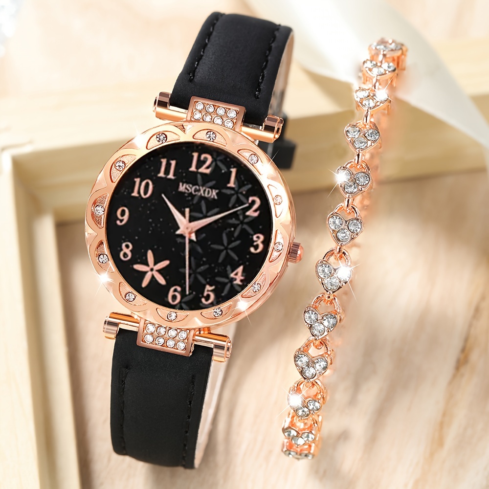 

2pcs Women's Quartz Watch Rhinestone Encrusted Watch Leather Wrist Watch With Bracelet Ideal Choice For Gifts Gifts For Eid