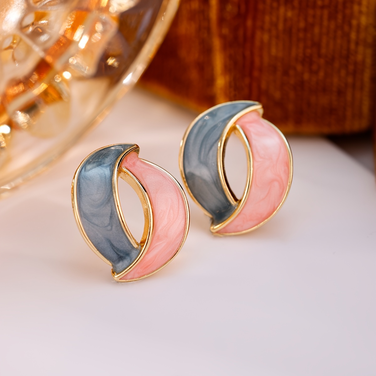 Women's Classic Two-Tone Moon Stud Earrings with Synthetic Zirconia