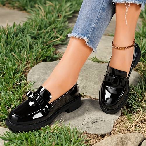 womens black loafers with bow detailed comfy thick sole round toe slip on shoes easy to put on and fashionable shoes suitable for