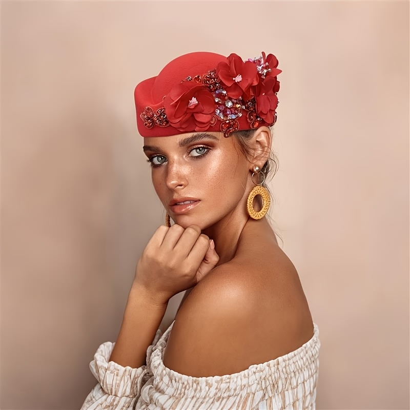 Women\'s British Felt hat Church Derby Headdress Floral Beret hat Red Holzkary Women main image 3