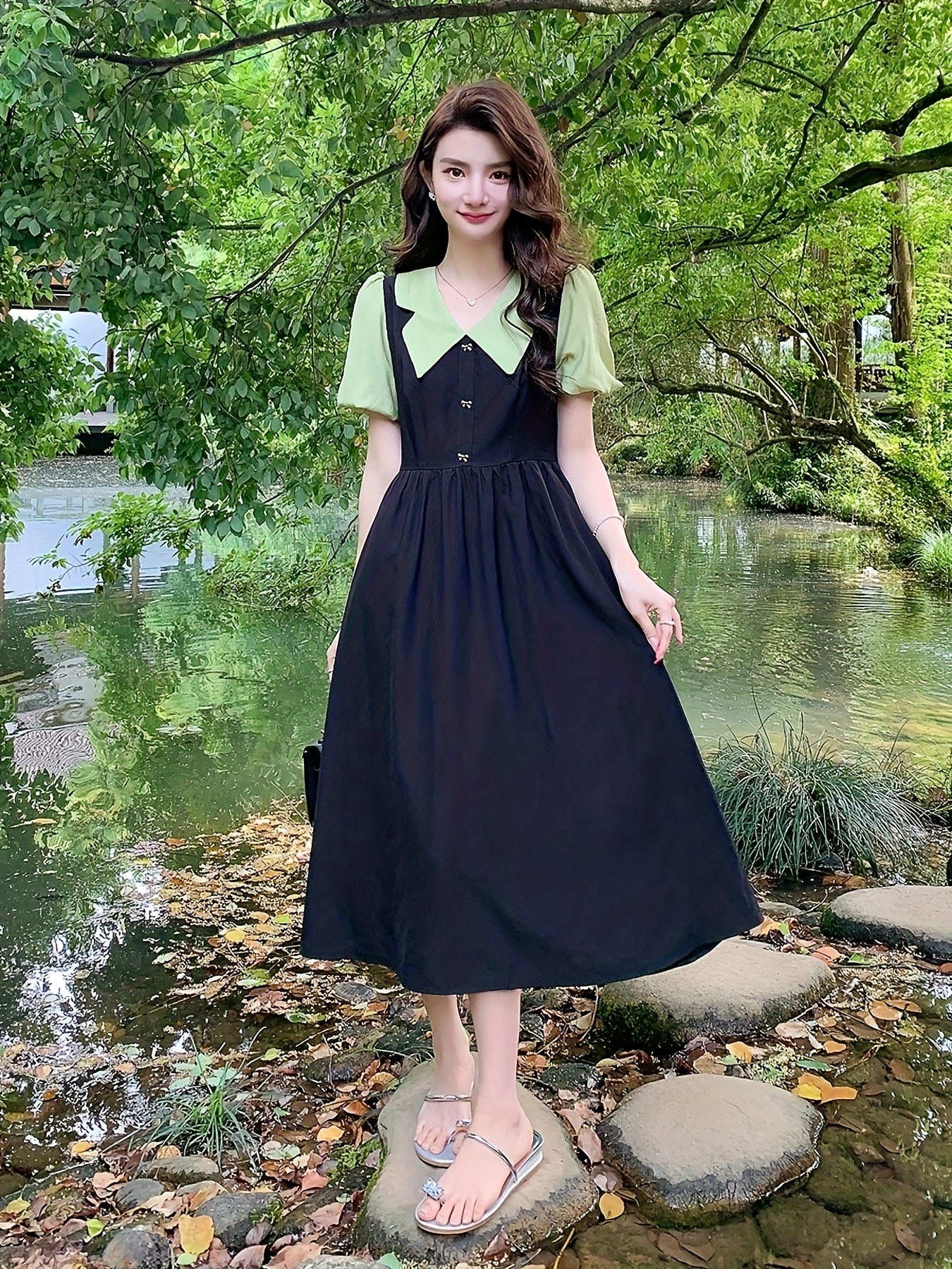 chic french inspired short sleeve midi dress contrast collar - Temu  Australia