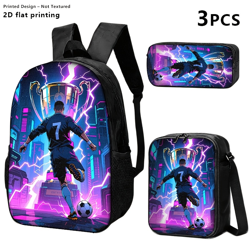TEMU Sac à dos imprimé 2D, sac à bandoulière et pochette avec motif de de football en maillot #7 poursuivant un trophée au d'une ville néon éclairée