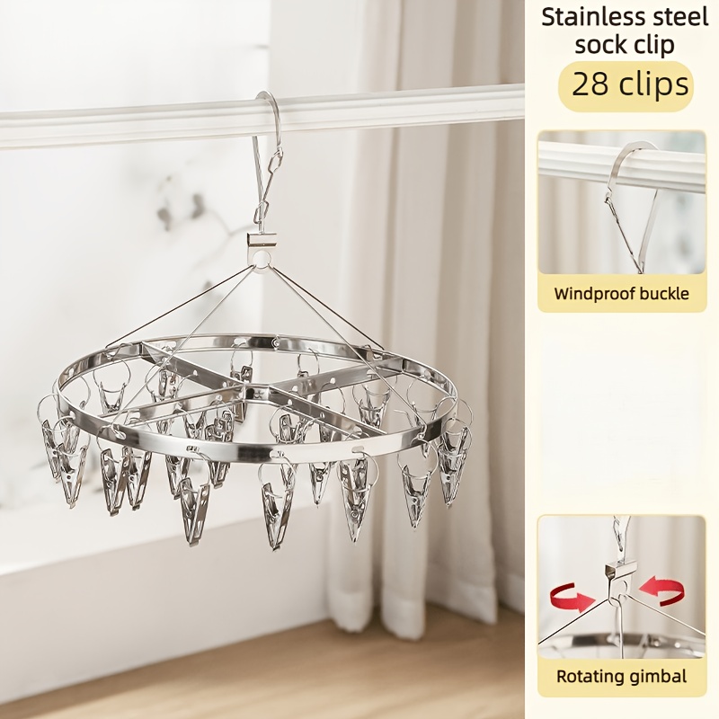 TEMU 1pc Stendino per calze in acciaio inossidabile con [28] clip, appendiabiti antivento per bucato, per calze, biancheria intima, vestiti, stendino