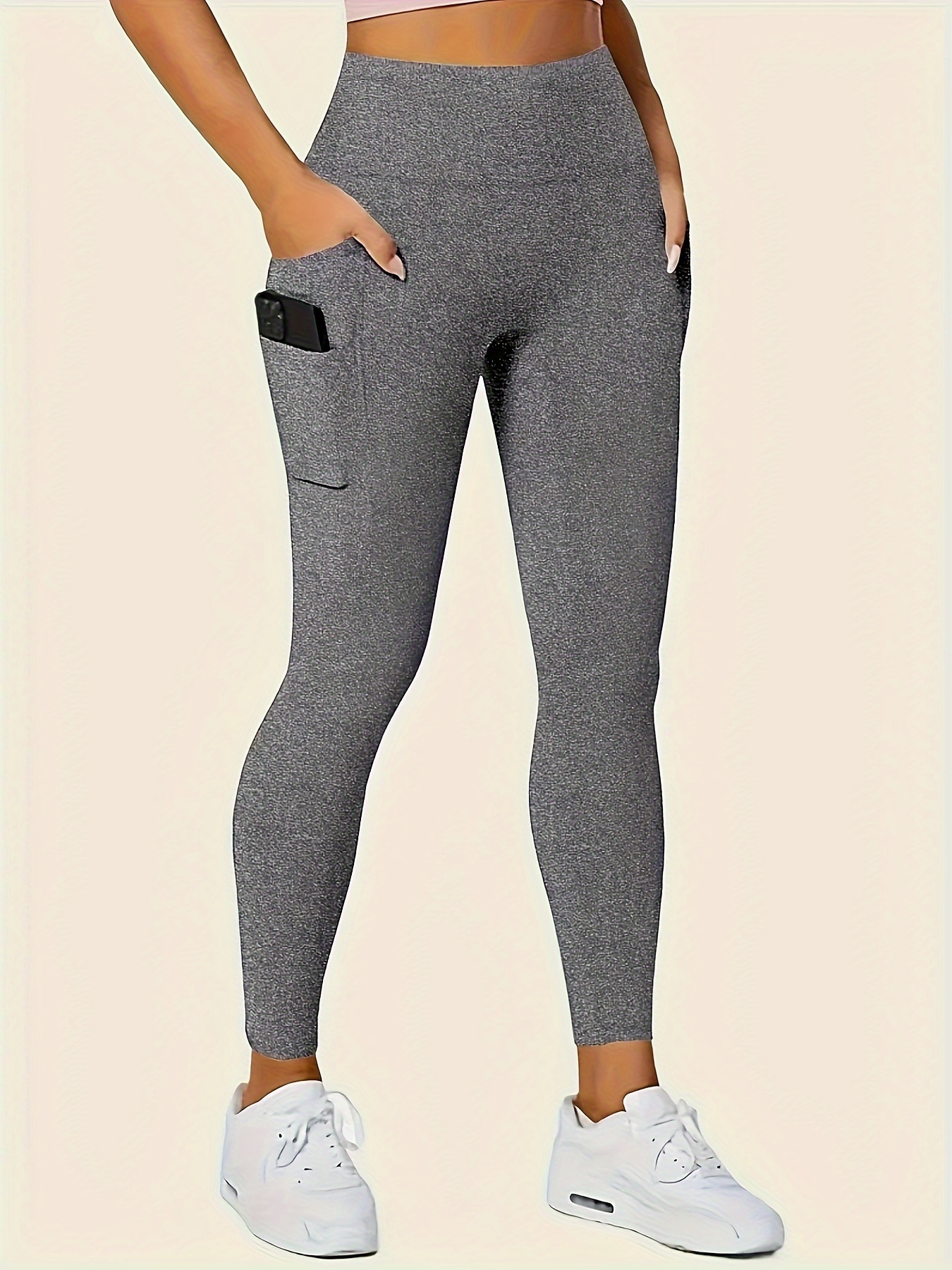 Plus Size Sports Leggings, Women's Plus Solid Pipping High Rise High Stretch Skinny Leggings With Pockets Suitable Spring/Autumn