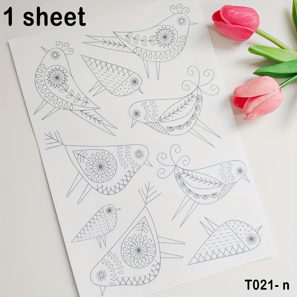 TEMU Water-soluble Embroidery For A4 Paper Size - With Bird, , Fish Patterns Embroidery Transfer Patches With Self-adhesive Backing For Clothes -