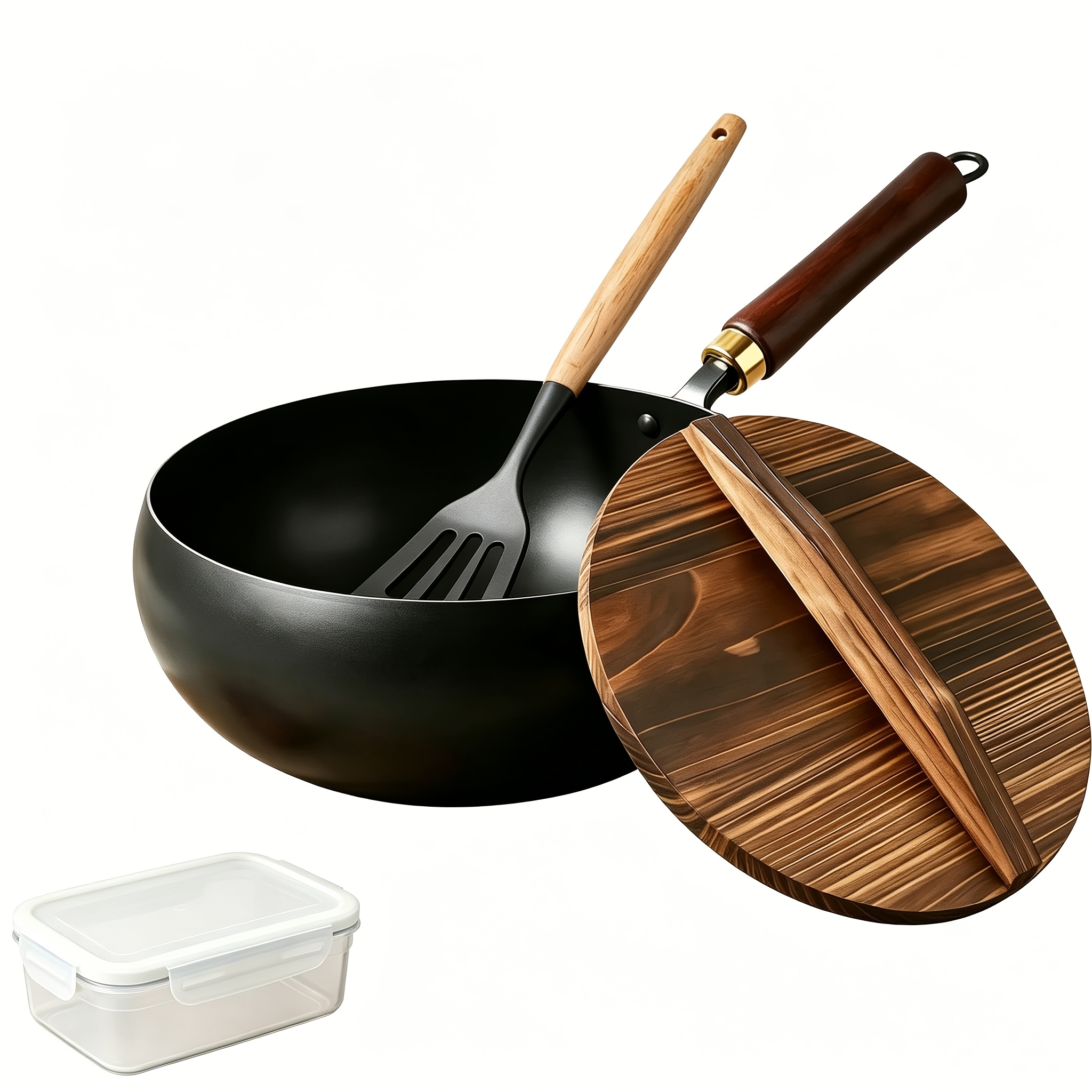 TEMU Cast Iron Pan With Wooden Lid, 28cm Large Size, Cooking Spatula, Heavy-duty Construction, Easy-, Multipurpose Frying And Searing, Pans For