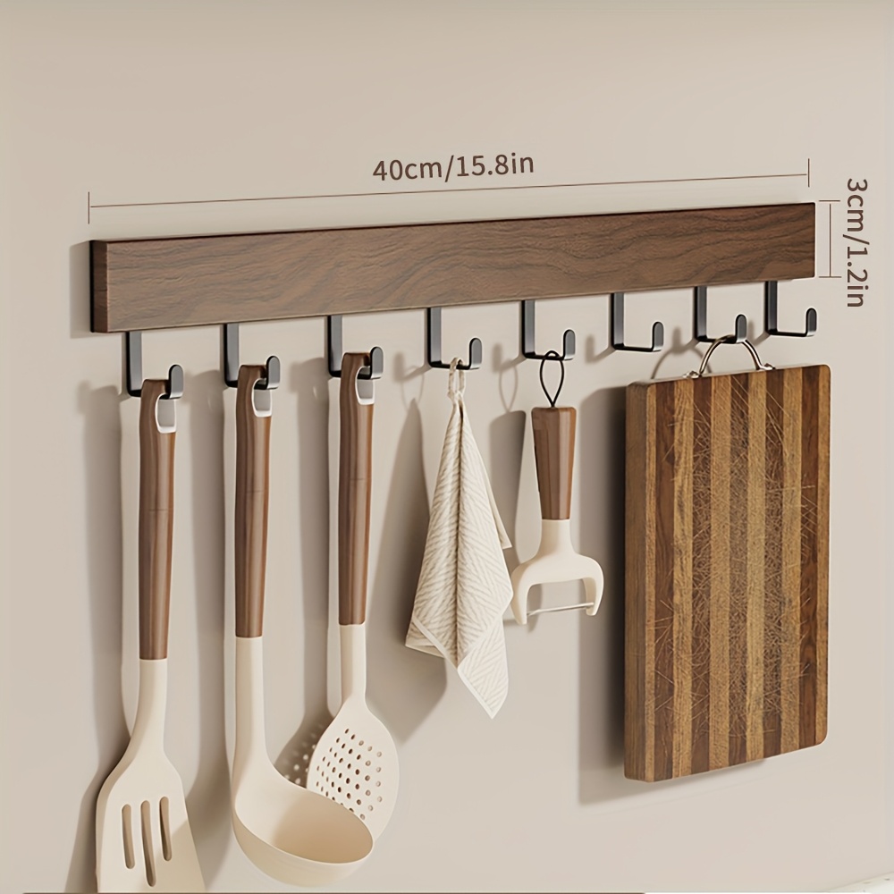 Image of Wall-mounted Multi-functional Kitchen Utensil Hook Rack, No-drill Hanging Rod For Spatulas And Spoons, Single-row Hook Organizer, Walnut Style, Utility Hooks
