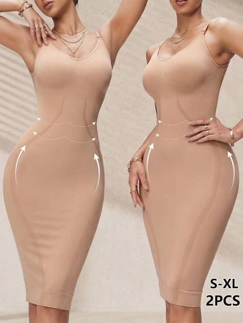 item picture 2pcs vvl womens tummy control lifting shapewear dress seamless bodycon midi slip dress with u back backless adjustable spaghetti strap high stretch breathable suitable for daily wear birthday parties special occasions