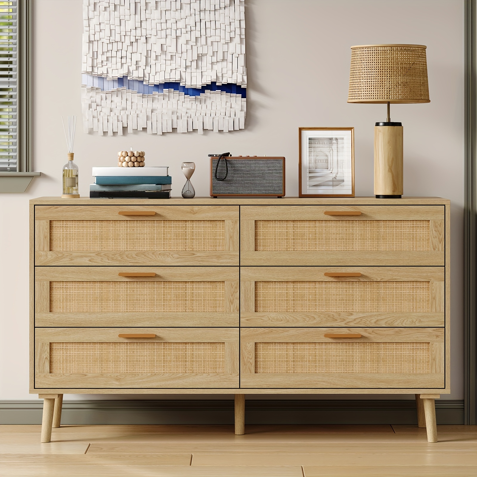 6 drawer rattan double dresser with golden handles natural woven chest of drawers bohemian storage for bedroom living room entryway sturdy  