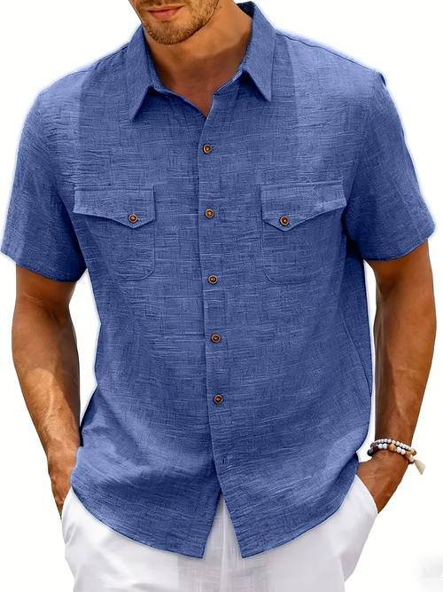 summer mens linen short sleeve shirt casual vacation mens lapel double pocket button up cardigan top