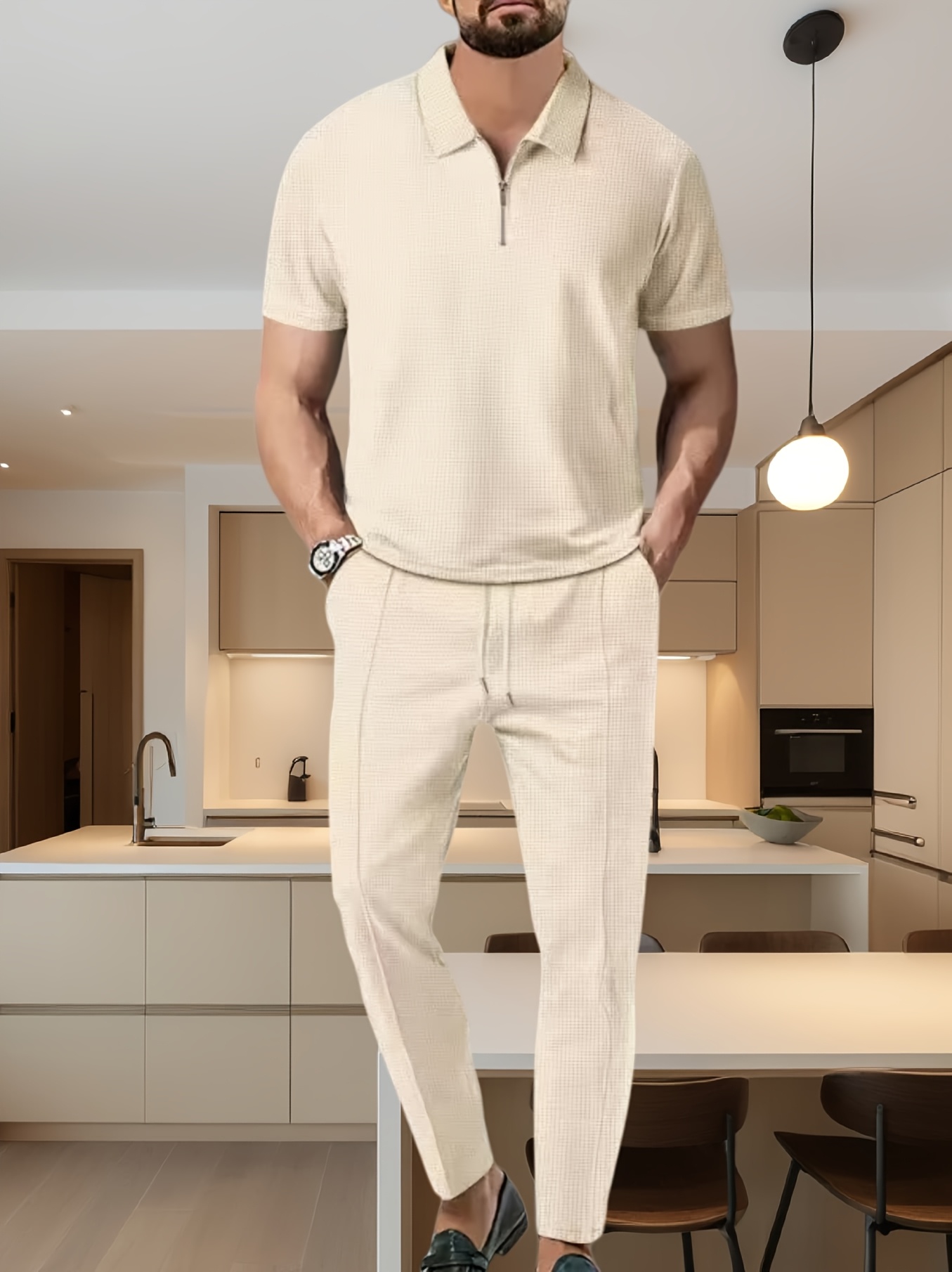 summer mens 2pcs set mens casual sports suit summer   fit golf   shirt elastic waist long pants trendy   set suitable for daily   vacation trips and light business wear