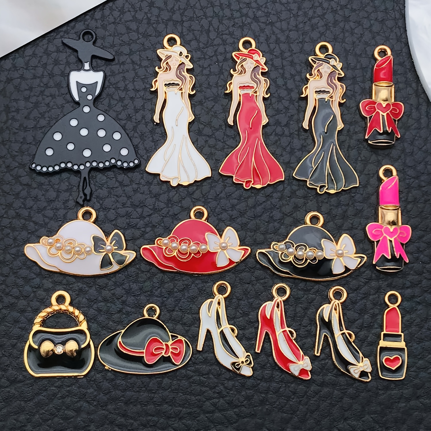 

15pcs Fashion Enamel Charms Set, Zinc Alloy Pendants For Making, Featuring Bags, Hats, Lipstick, High Heels Designs For Bracelets, Necklaces, Earrings Accessories