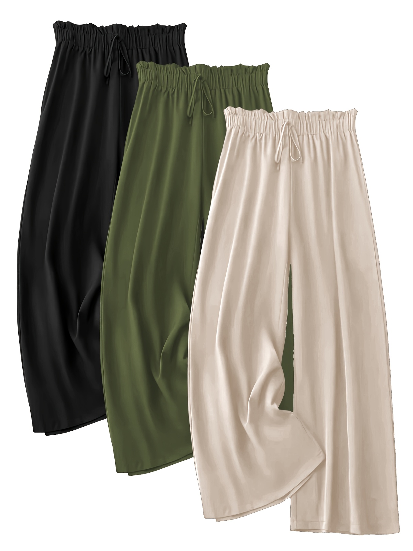 plus size plus size womens three piece set spring summer autumn solid color straight leg loose fit elastic waistband high waist wide leg pants in black apricot and olive green comfortable and   olive green apricot 0