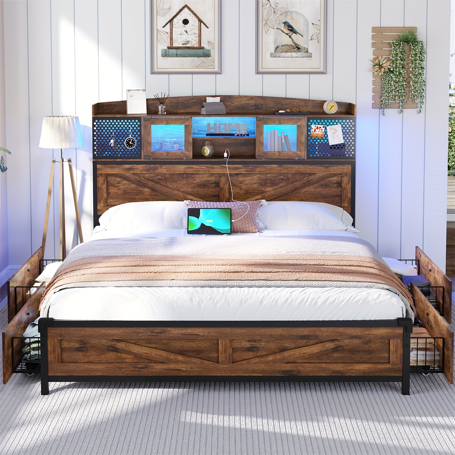 

Full Platform Bed Frame With Led Lights And Power Outlets, Farmhouse Bed With 4 Drawers And Headboard Storage Shelves, Rustic Brown