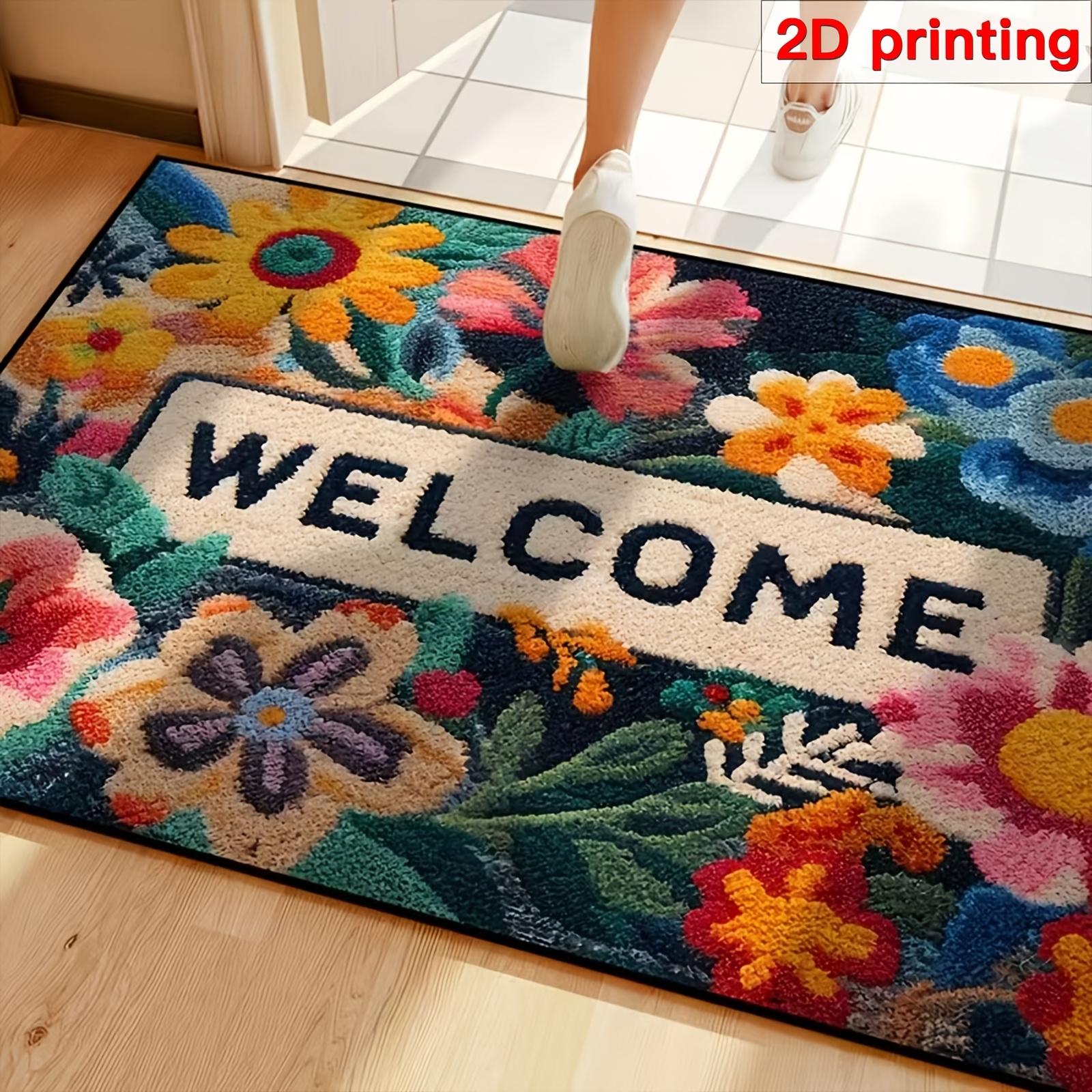 TEMU 2d 1pc Vibrant Floral Welcome Mat | Non-slip, Machine Washable Polyester, Rectangular, 650g/m², Indoor/outdoor Use, Areas, Ideal Valentine's Day