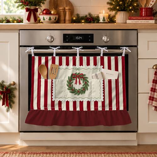 Artikelbild . festlicher rustikaler weihnachts-ofentürvorhang, multifunktional, mit aufbewahrungstaschen, kranz gerahmt, roter streifen, zum schutz und zur dekoration von öfen, geschirrspülern und waschmaschinen, mini-fenstervorhang für spülenunterschrank,
