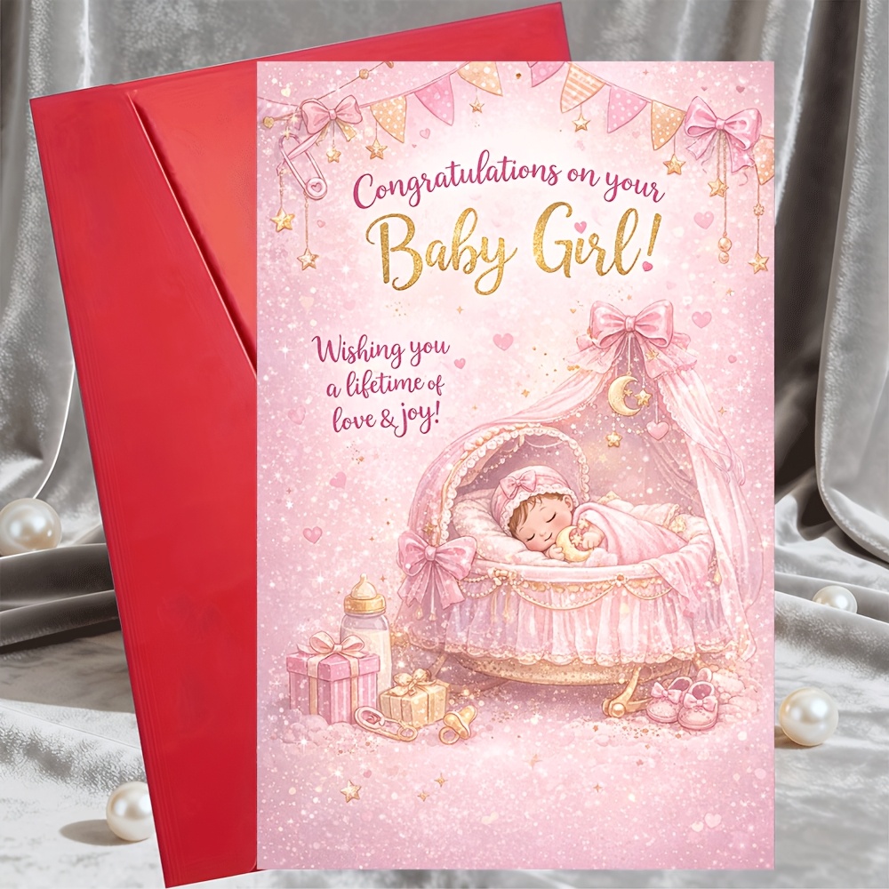 TEMU 1 Greeting Card + 1 Envelopebaby Girl Congratulations Card Pink Glitter Design For New Parents Grandparents Baby Shower And New Arrival