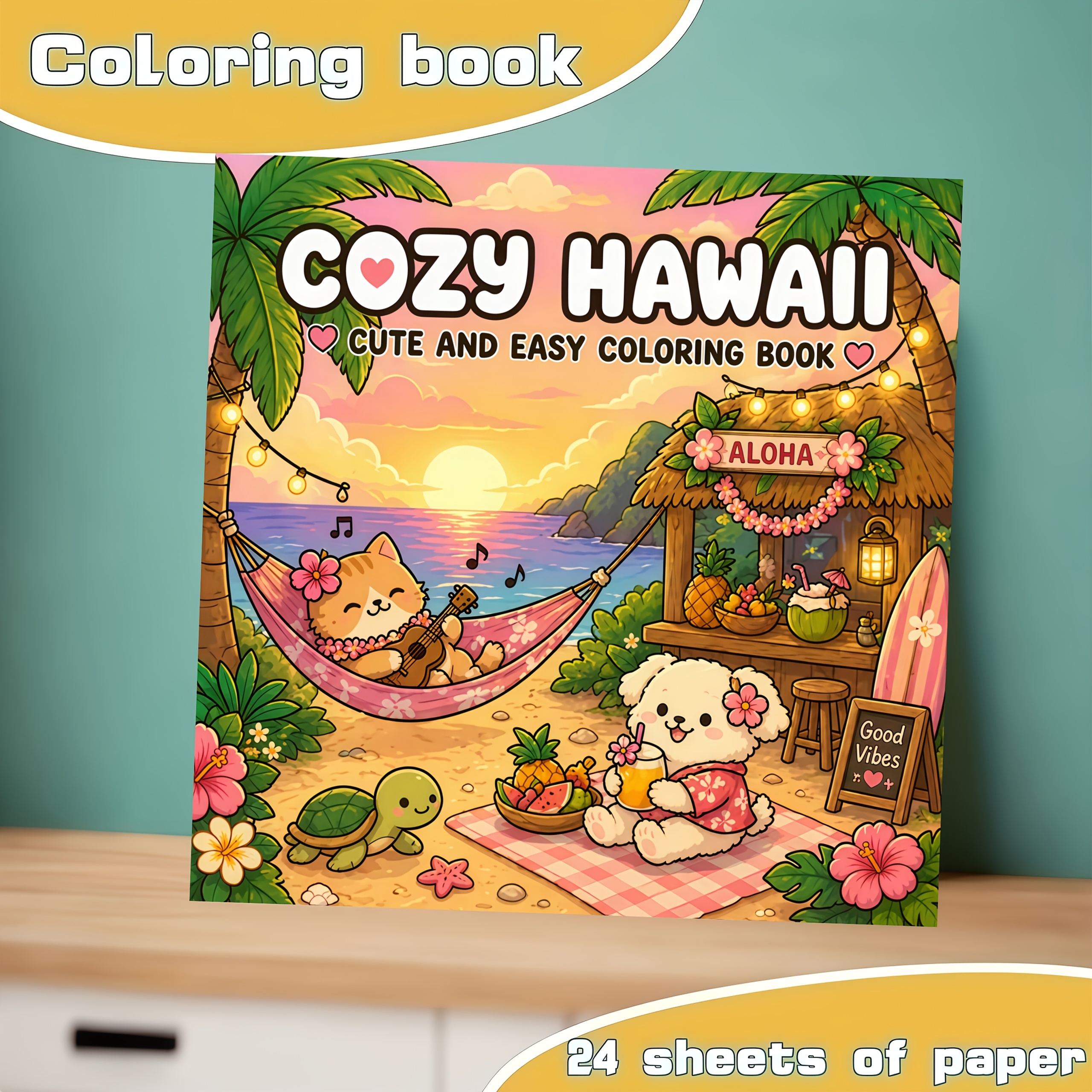 TEMU 1 Hawaiian Coloring Book, Tropical Beach Theme, 24 Pages Of Thick Paper, Containing Beautiful Tropical Scenery, Palm Trees, Sea , Beach Leisure,