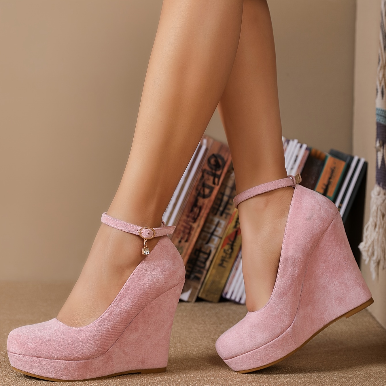 

Women's Pink Wedge Platform Heels – Round Toe, Lightweight, , High Heel – Comfortable Fabric Upper & Synthetic Leather Lining,