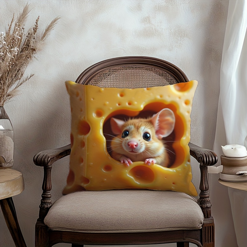 TEMU 1pc, Square Pillowcase, A Cute Mouse Its Head The Cheese Block, Pillowcase, Printed Material, Short Plush Pillowcase, Suitable For Holiday And
