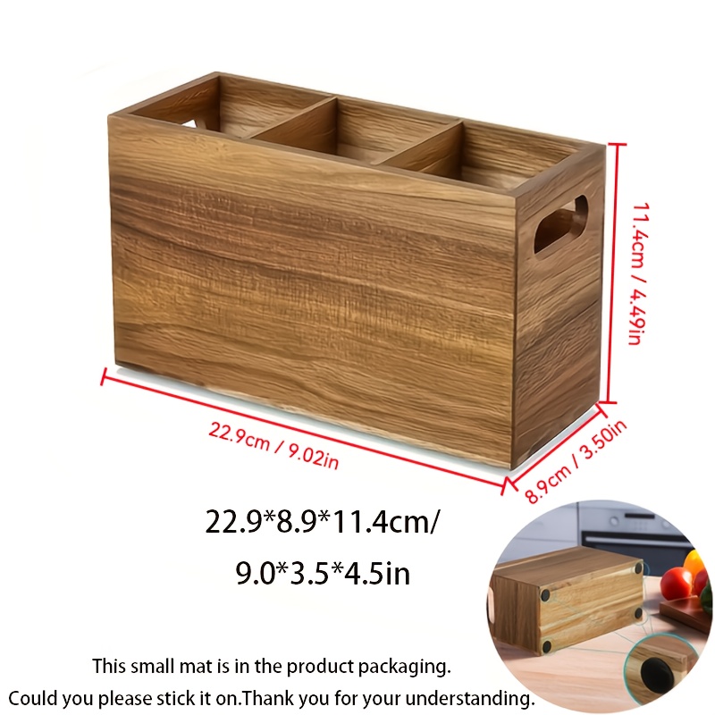 1pc Wooden Divided Kitchen Utensil Storage Box - Rectangular Minimalist Style With Handle, Large Capacity Solid Wood, Ideal For Kitchen Utensil Organization, Miscellaneous Storage For