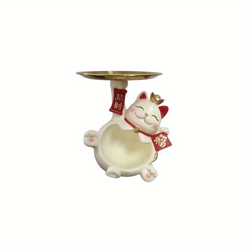Image of Cat Figurine With Storage Tray - Elegant Resin Decoration For Entryway, Living Room, Etc. - Perfect Gift For Christmas, New Year, Valentine's Day, And Lunar New Year