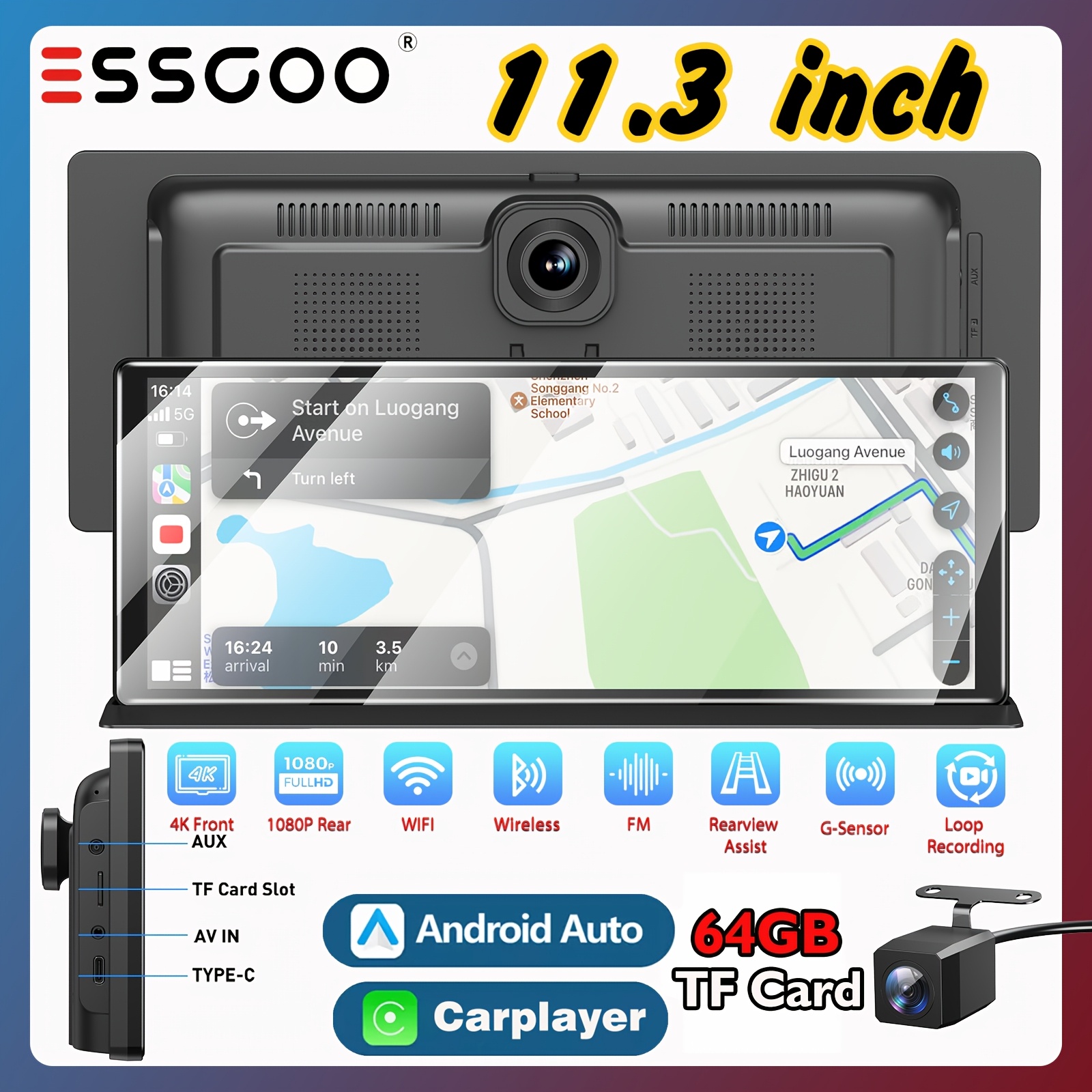Essgoo 11.3 Inch Portable Car Stereo | Auto, Dual Len 4k Dash Camera & 1080p Ahd Camera, Supports Gps/wifi/voice Control/fm/car Additions, Wireless 5.3 Version With 64gb Tf Card