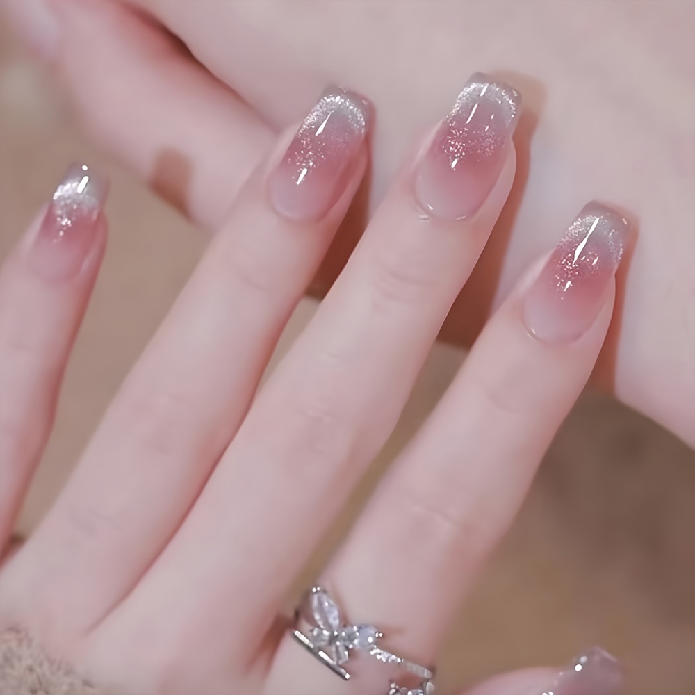 

24pcs Extra-short Ballet Press On Nails Pinkish Gradient Cat Eye Fake Nails Glossy Artificial Finger Manicure False Nails