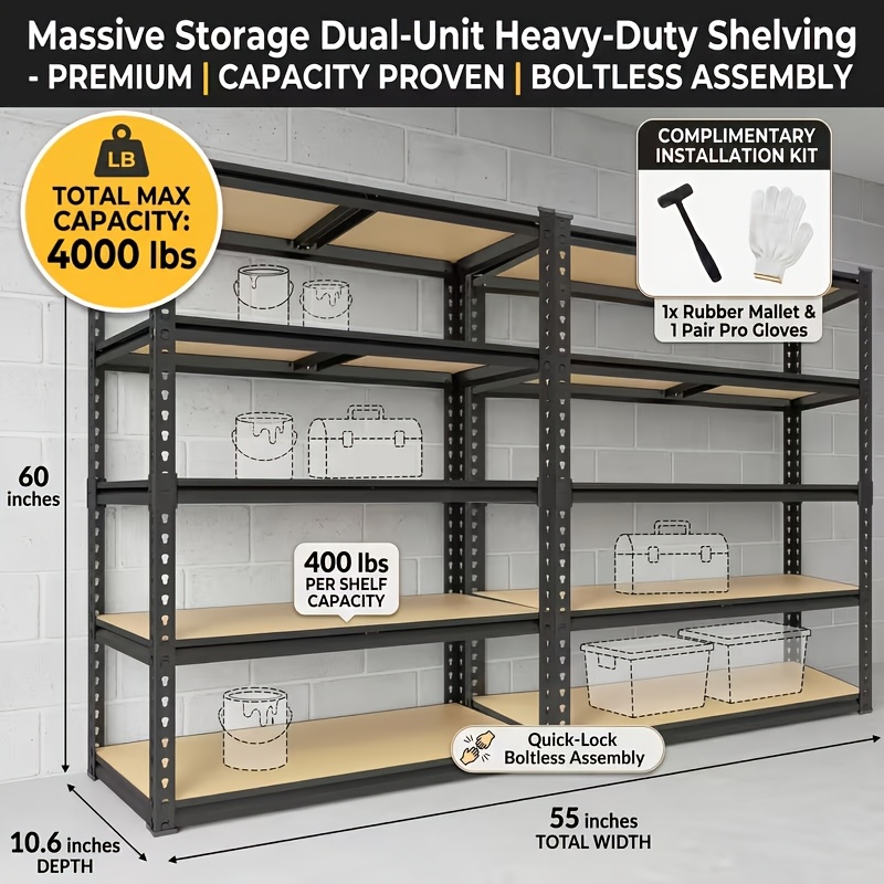 TEMU 900kg Heavy Duty 5-tier Adjustable Metal Storage Shelving Unit, Black Multipurpose Utility Rack, 183cm X 90cm X 40cm, Adjustable Shelf Height,