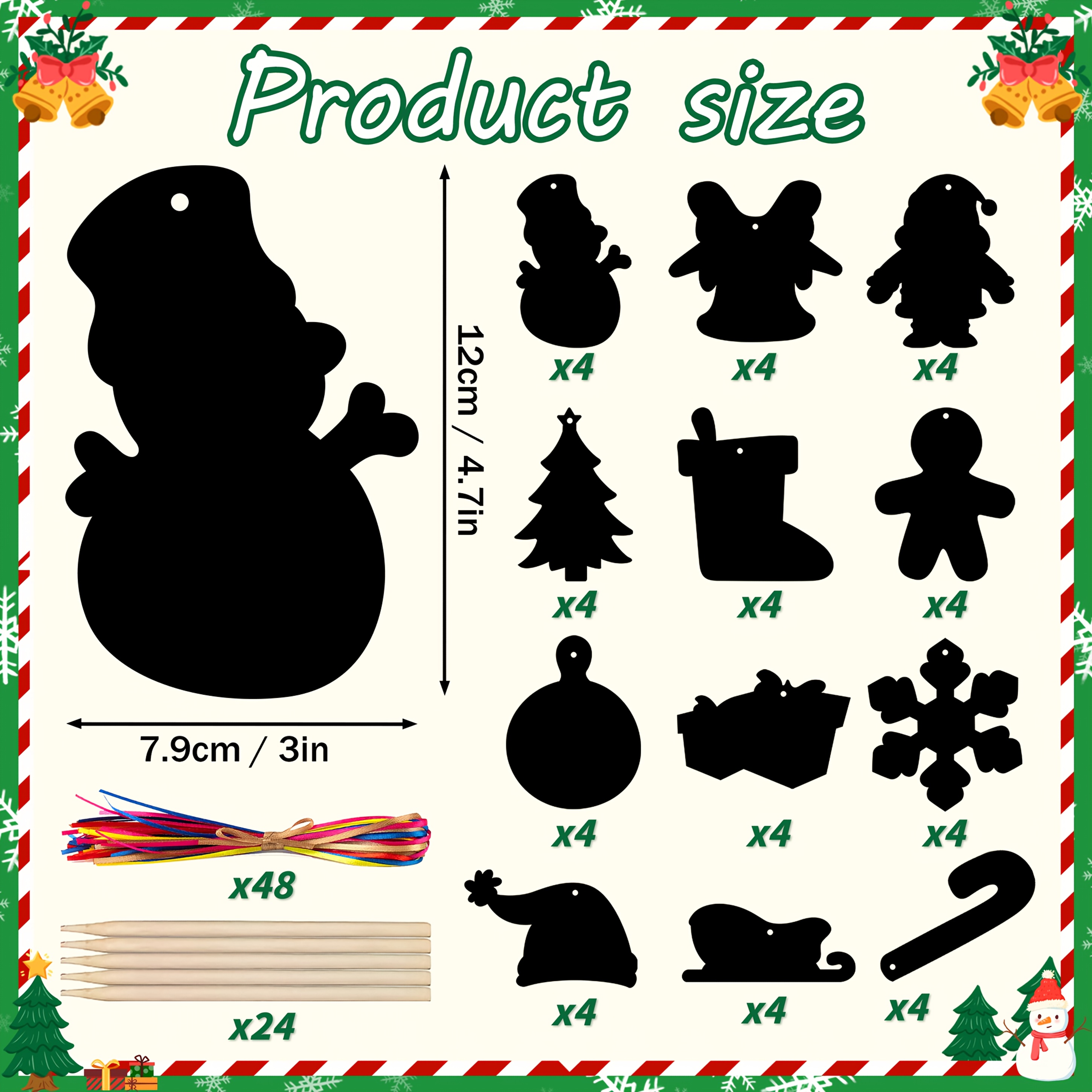 Image of Scratch Art For Christmas Crafts, Featuring 48/24pcs - Cards, Perfect For Hanging Ornaments, For Party Favors, And Educational Stocking Stuffers