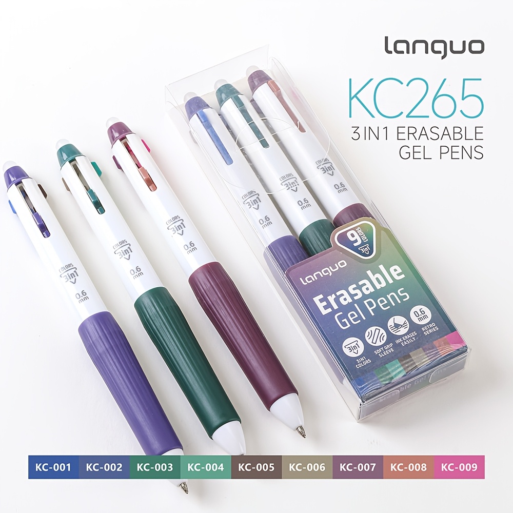 TEMU 3pcs 9 Colors Erasable Gel Pen Set 0.6mm 3in 1 Colored Pens Creative Drawing Doodling Marking Writing Journaling Pens For Study And Office Use