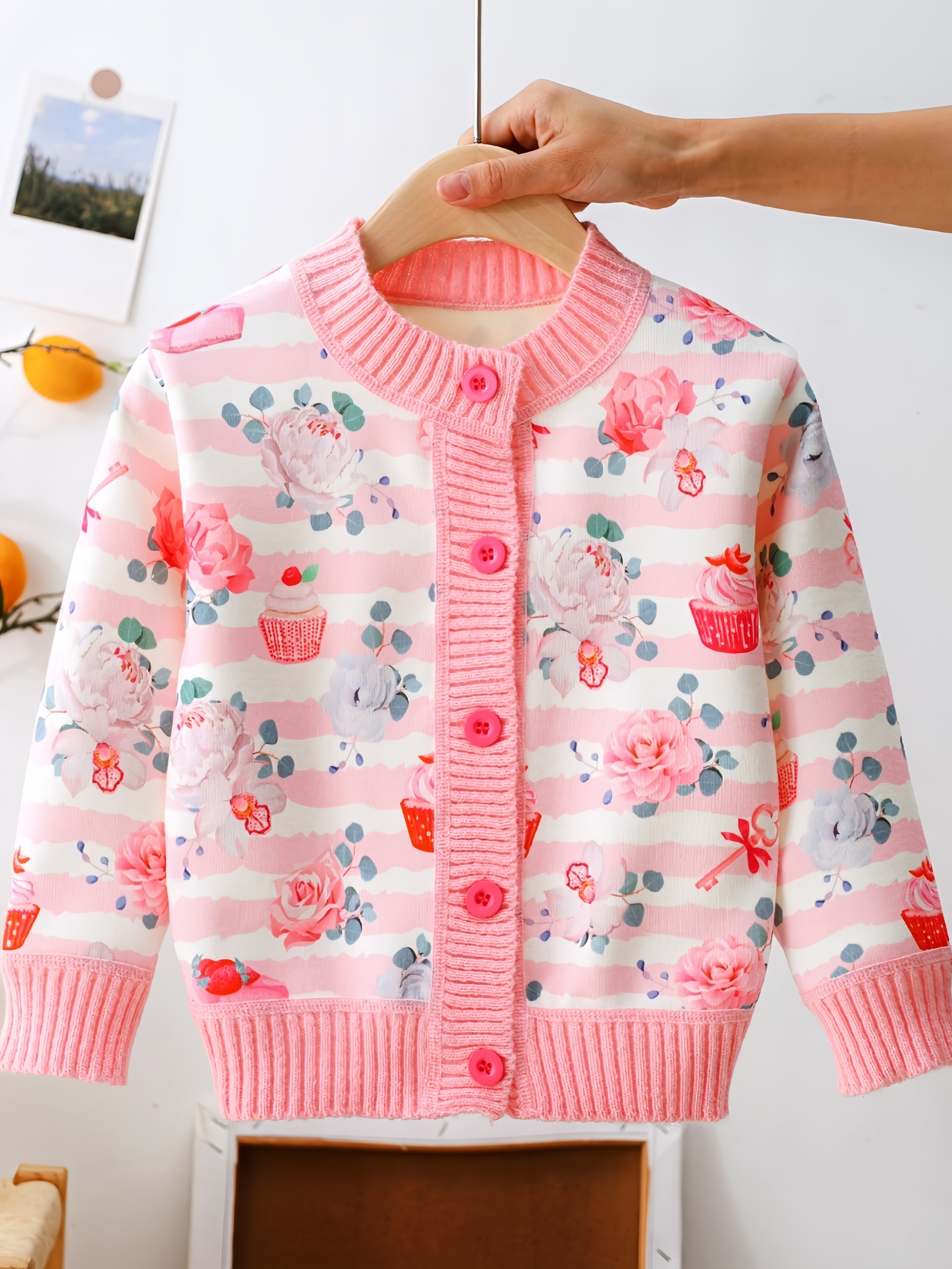 girls' floral print cardigan sweater soft stretchy long sleeve