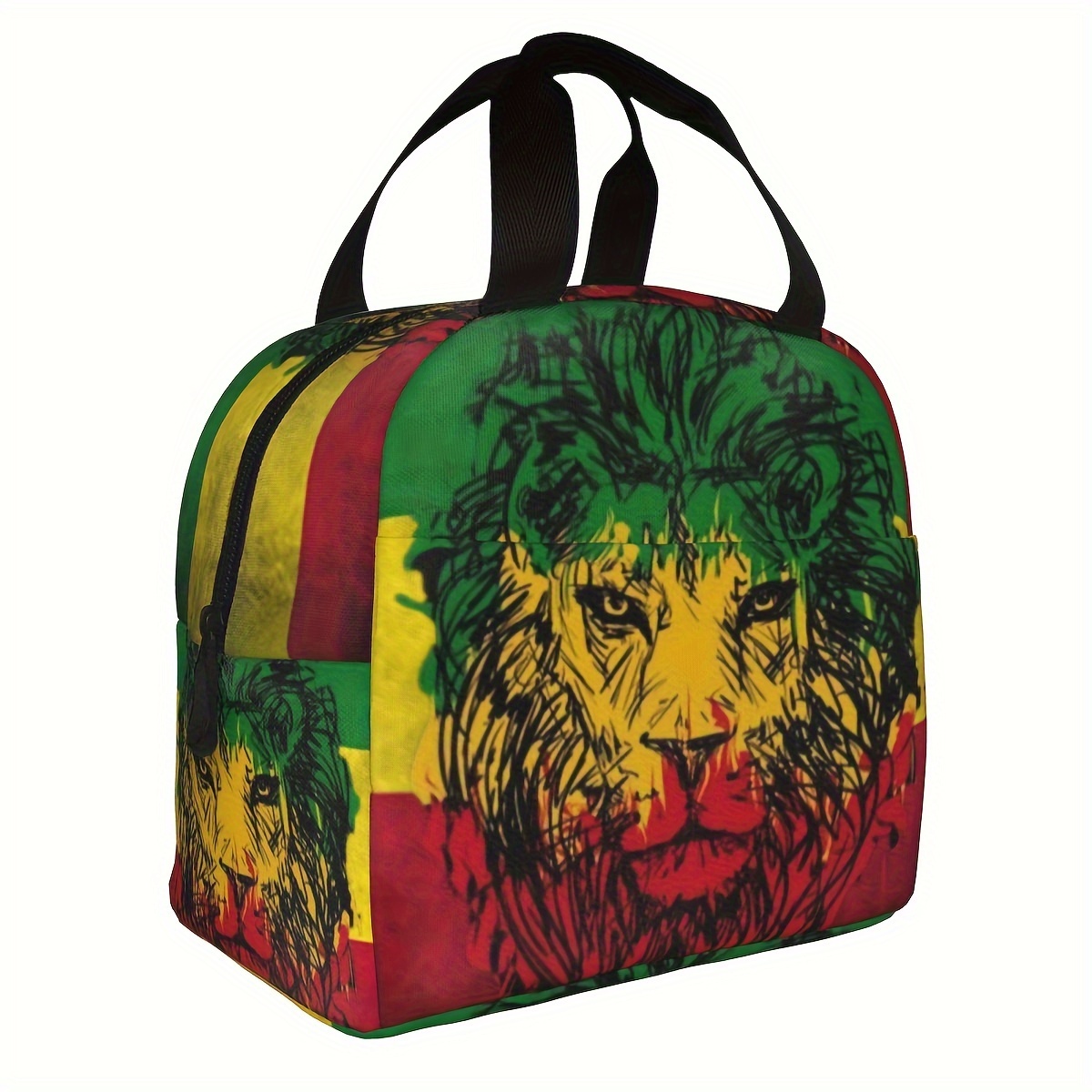 

Jamaican Flag Lion Print Insulated Lunch Bag - Oxford Cloth, Hand Wash, Animal Theme, Rectangle Shape For Work, School, Travel & Picnics, Picnic Food Storage | Animal Theme Bag | Oxford Fabric