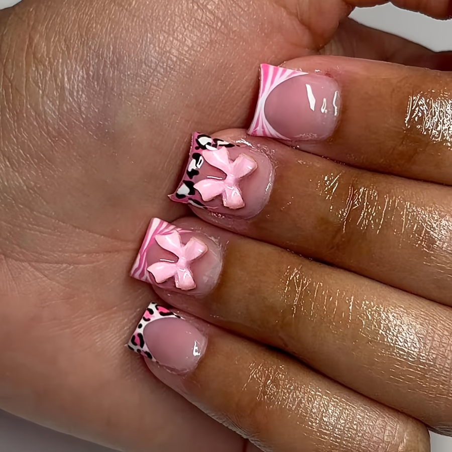TEMU 24pcs Handmade Short Square Press On Nails Suitable For - Nude Pink French Tips With Pink Leopard Print & Swirl , Pointe Tip Fake Nails For Diy