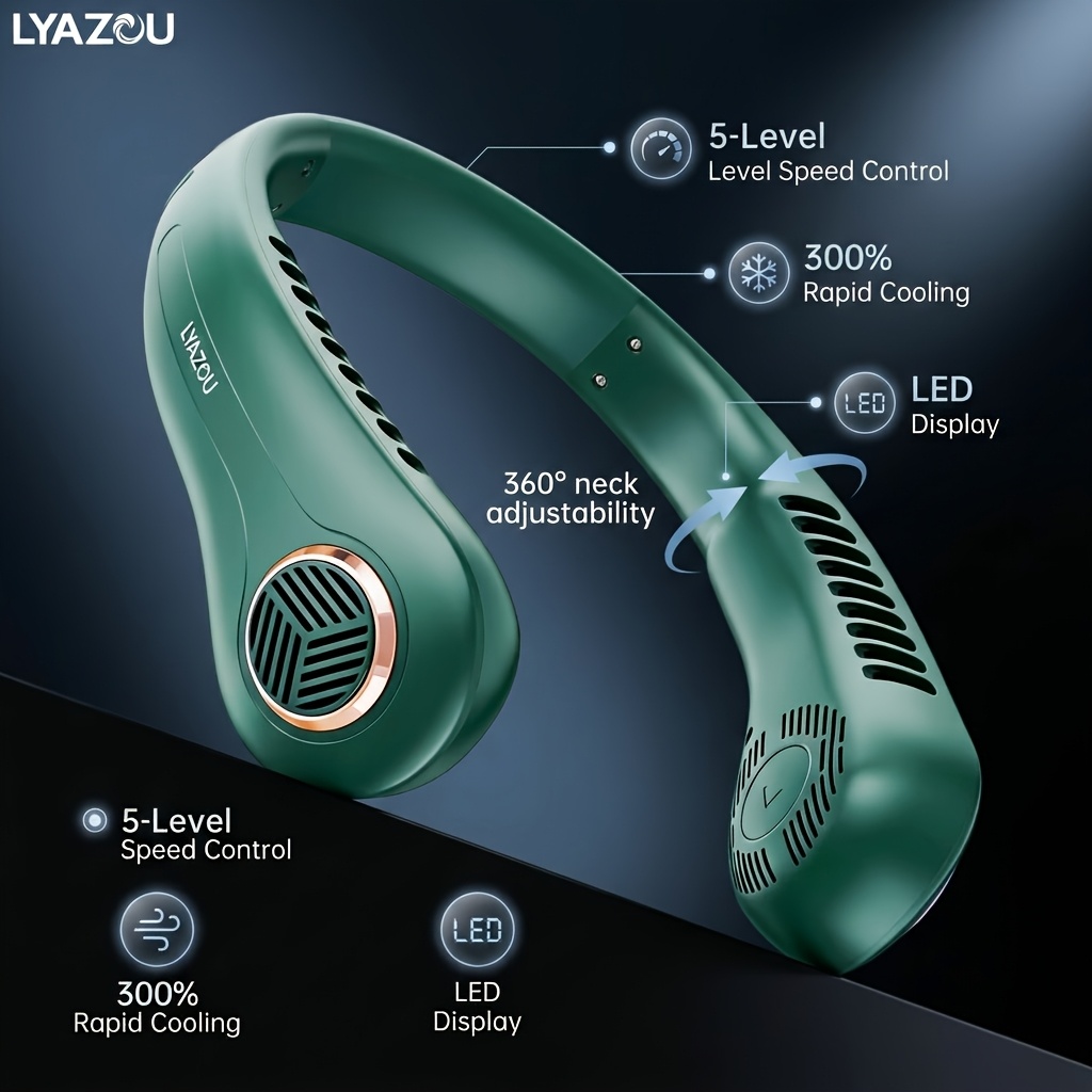 Lyazou 2026 New Upgraded Portable Neck Fan, With Electroplated Decorative Plate Neck Fan, Built-in Lithium Battery Usb Rechargeable, Display Five-speed Wind Adjustment, 18 Outlets Silent Large Wind
