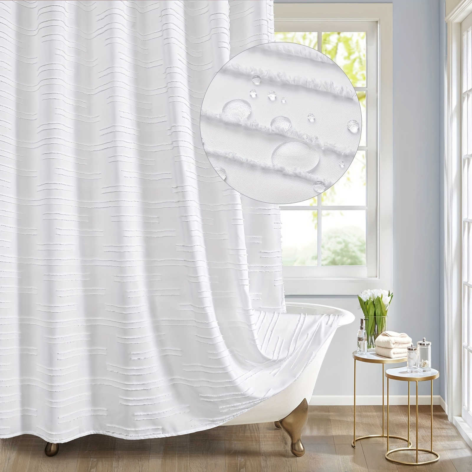 

1pc Boho Fabric Shower Curtain With Tufted, Modern Farmhouse Tufted With Striped Textured For Luxury Bathroom Decor, Soft & Wrinkle Resistant, With12 Plastic Hooks