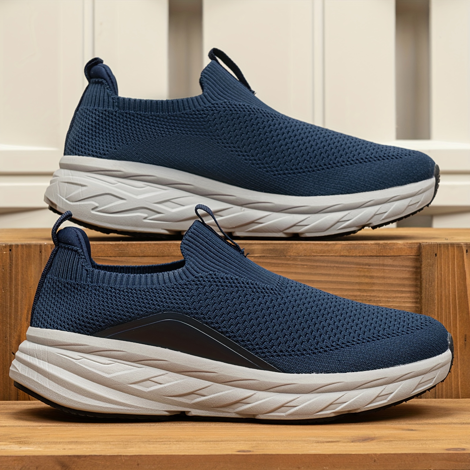  mens slip on sneakers comfortable slip resistant md sole breathable slip on shoes for indoor outdoor gym casual wear navy blue white low top sneakers no lace closure Product details 0